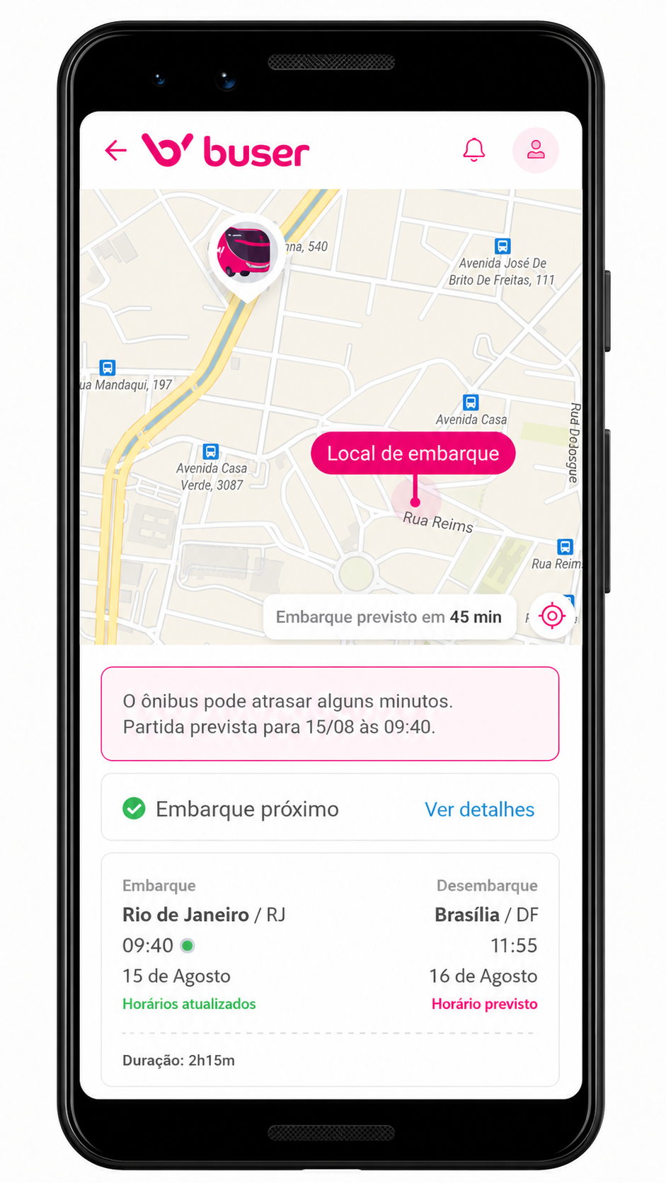 Buser app showing the bus location in real time and trip status
